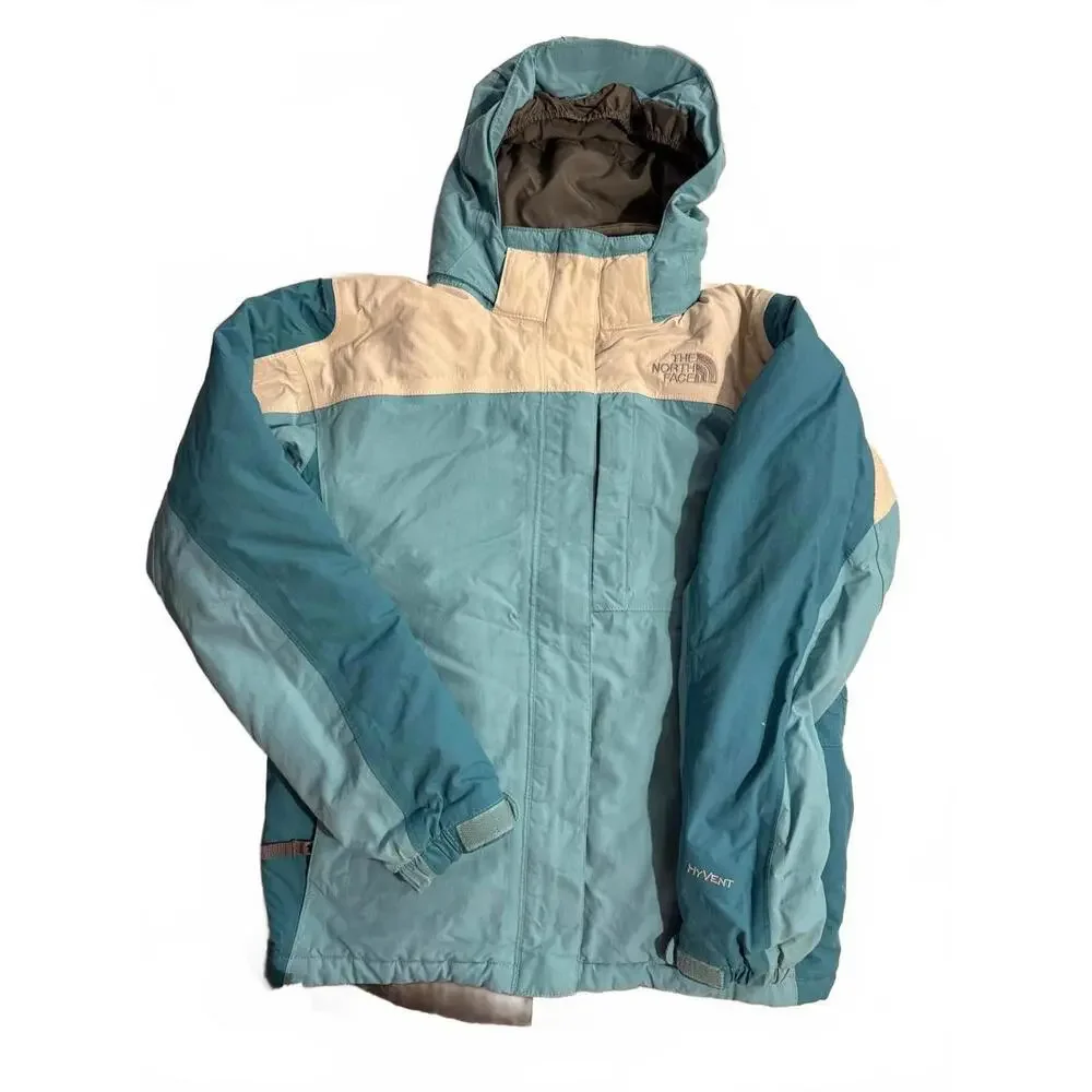 The North Face Girls Hyvent Turquoise Blue White Coat Jacket Hood Winter Ski L